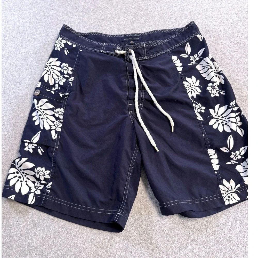 Banana Republic Board Shorts Mens 35 Navy Blue Floral‎ Hibiscus Tropical Surf